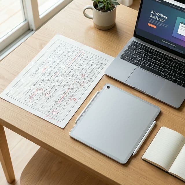 Desk with manuscript background